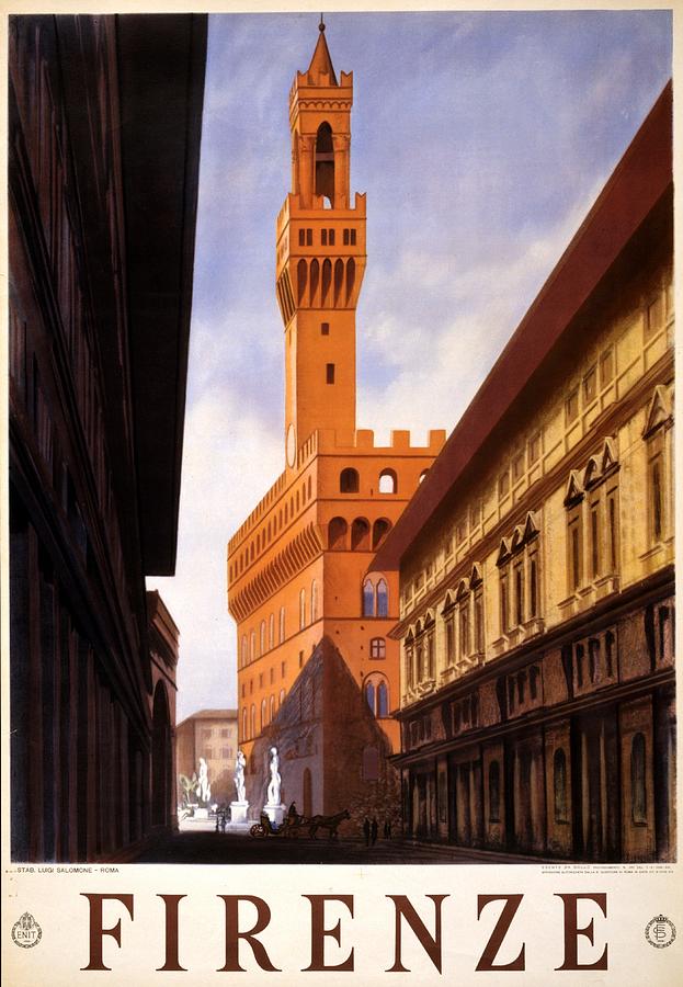Firenze, Italy - Palazzo Vecchio Tower - Retro Travel Poster - Vintage Poster Mixed Media