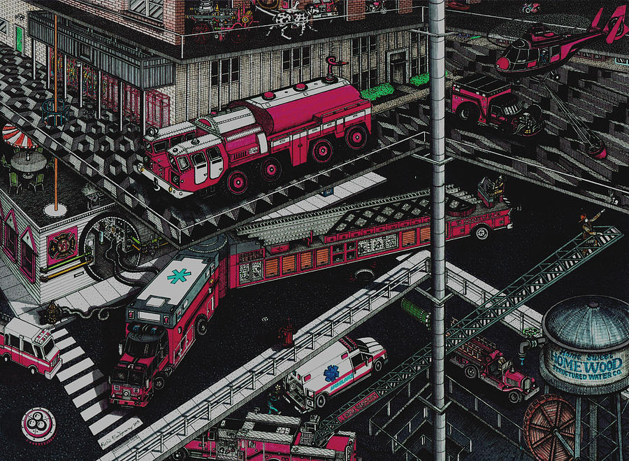 Surrealism Drawing - Firetrucks by Richie Montgomery