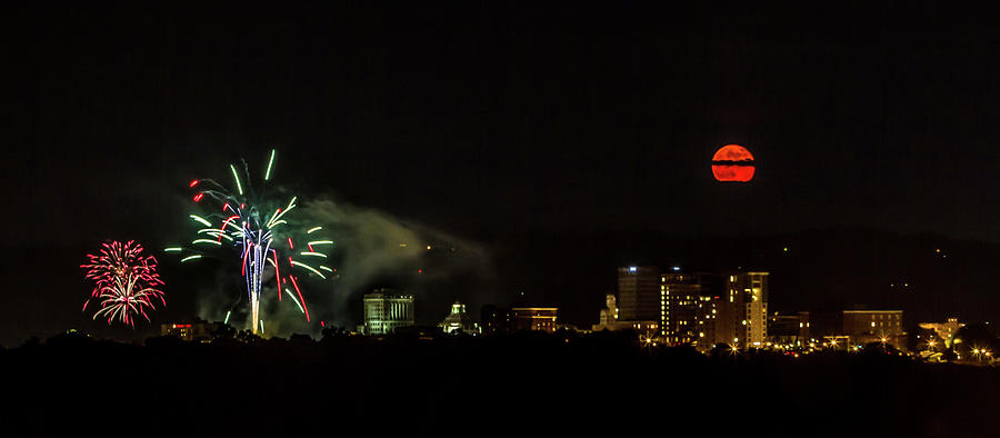 Independence Day Photograph - Fireworks and Moon over Asheville by John Haldane
