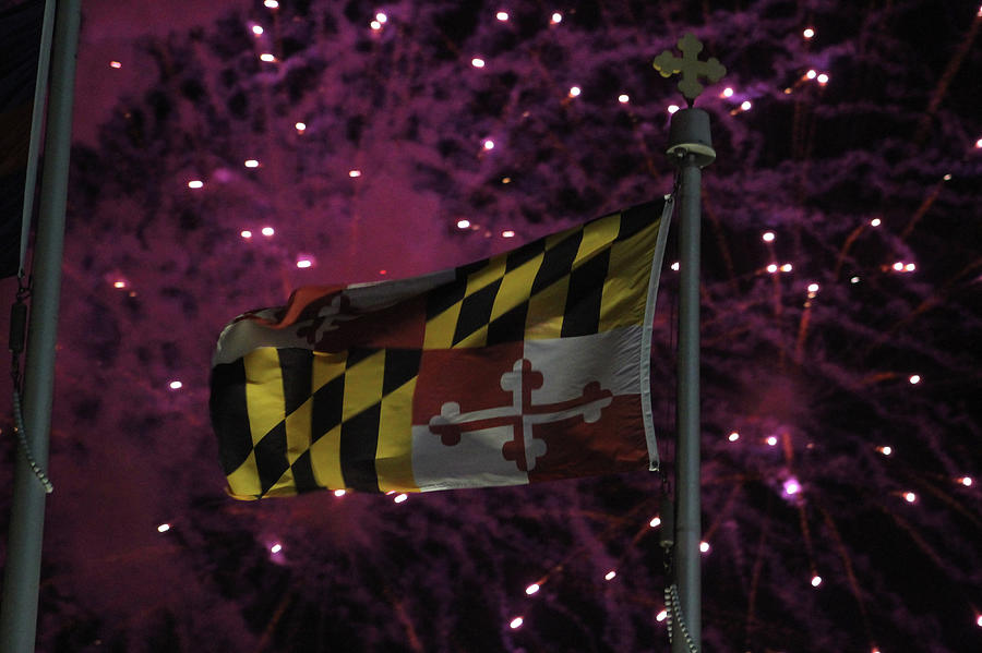 Fireworks and the Maryland Flag Photograph by Robert Banach