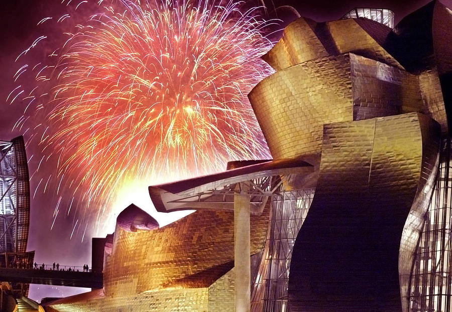 Architecture Photograph - Fireworks at Guggenheim by Rafa Rivas