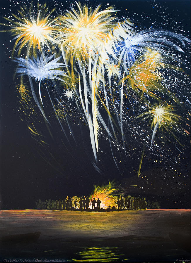 Fireworks Bonfire on the West bar Painting by Charles Harden
