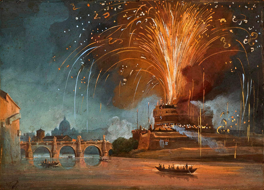 The Firework Windmill  in Castel SantAngelo Painting by Ippolito Caffi