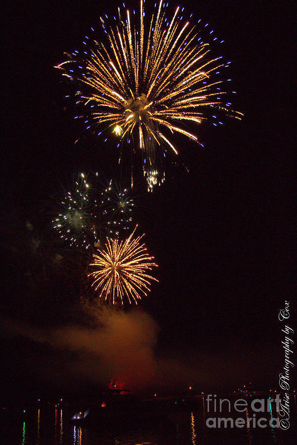 Fireworks on Lake Lanier with boats Photograph by Charlene Cox Fine