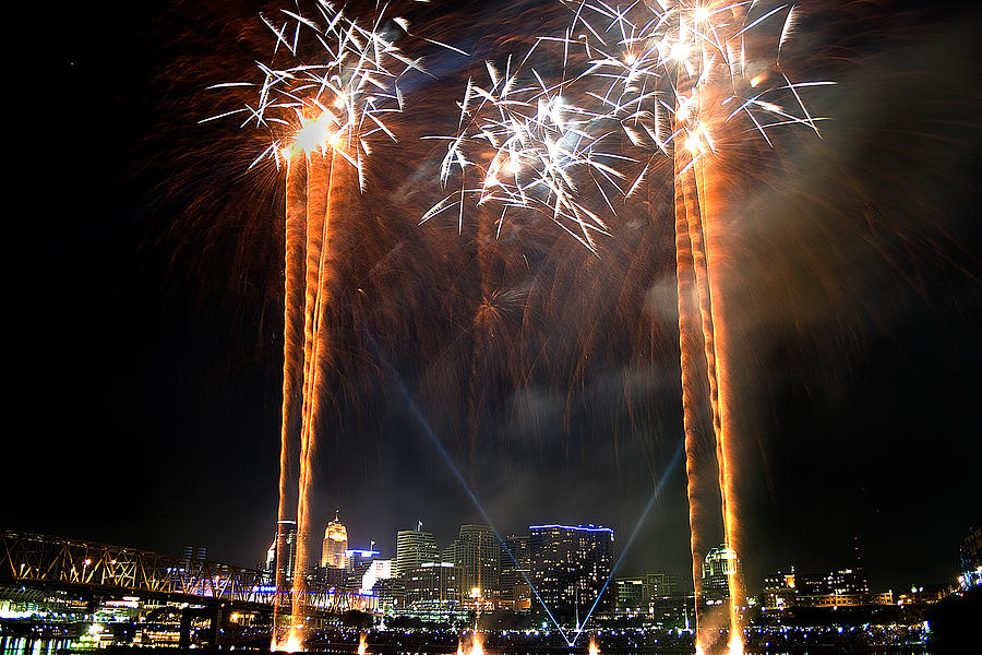 Fireworks over Cincinnati Photograph by Keith Allen