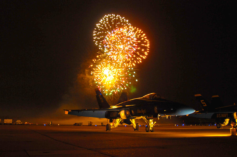 Sunset Painting - Fireworks over FA-18 Hornet US Navy by Celestial Images