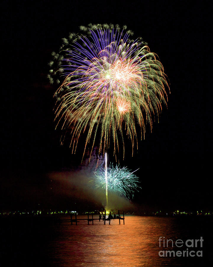 Fireworks Over Grand Traverse Bay II Photograph by Karen Jorstad