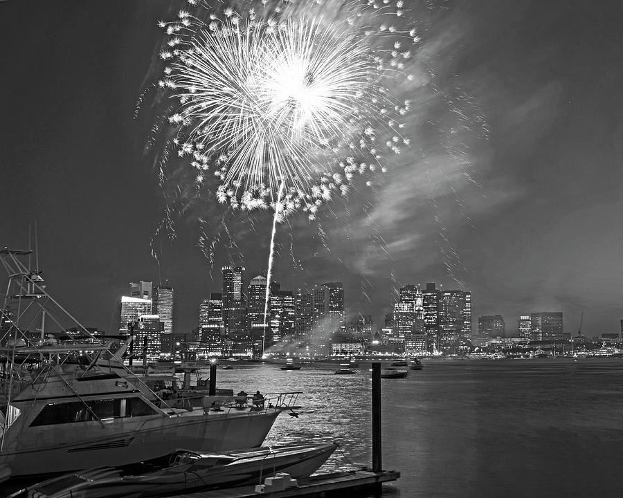 Fireworks over the Boston Skyline Boston Harbor Illumination Black and White Photograph by Toby McGuire
