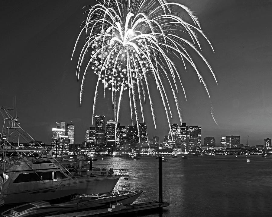 Fireworks over the Boston Skyline Boston Harbor Illumination Streaming down Black and White Photograph by Toby McGuire