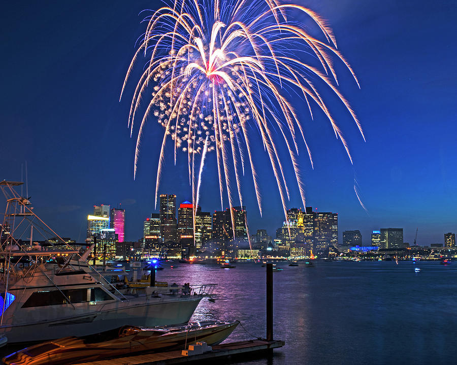 Fireworks over the Boston Skyline Boston Harbor Illumination Streaming down Photograph by Toby McGuire