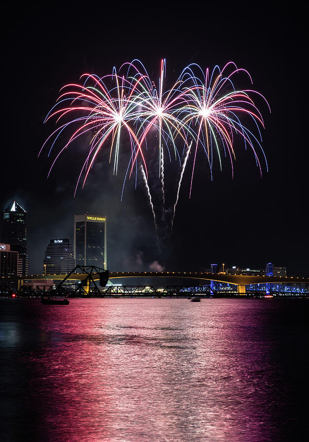 Jacksonville Photograph - Fireworks over the city by John Bradley Leonard