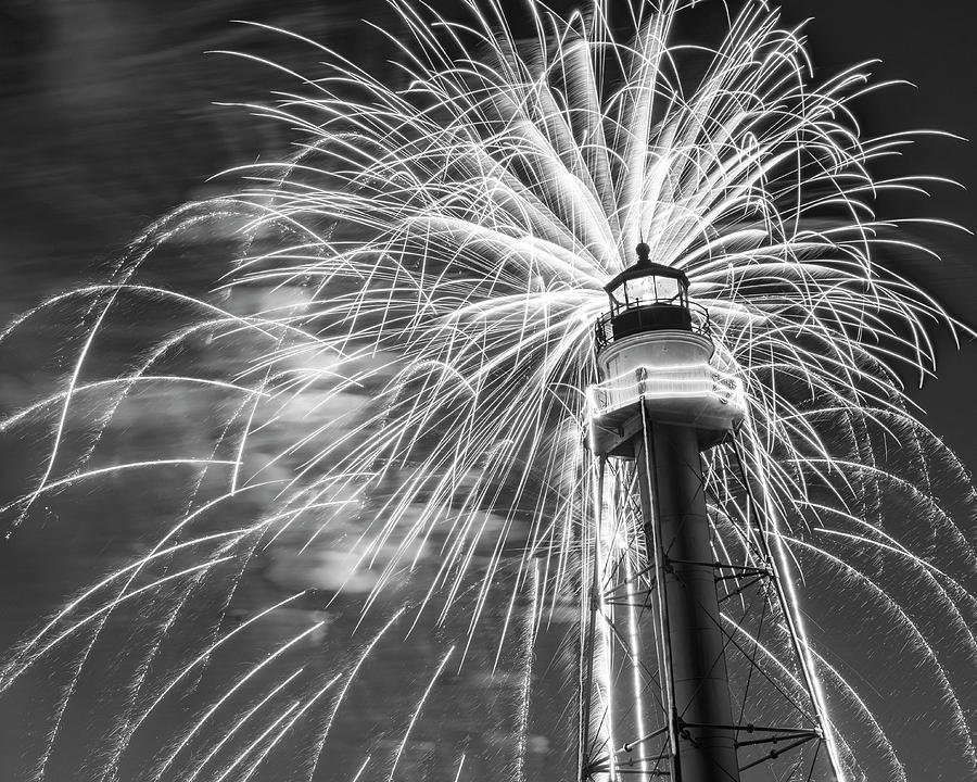 Fireworks Over the Marblehead Light Tower Marblehead MA Black and White Photograph by Toby McGuire