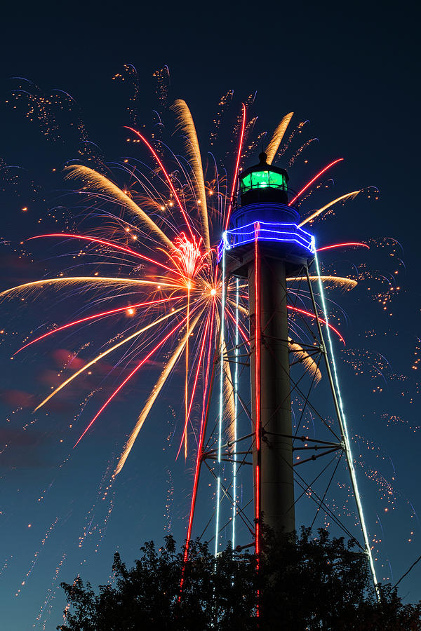 Fireworks Over the Marblehead Light Tower Marblehead MA Burst Photograph by Toby McGuire