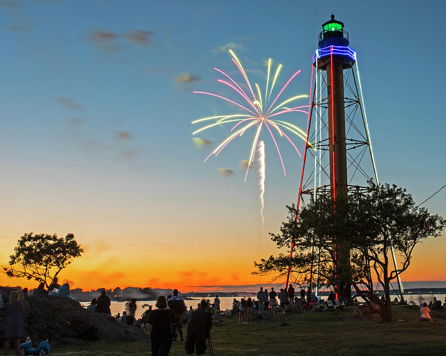 Fireworks Over the Marblehead Light Tower Marblehead MA Sunset Glow Photograph by Toby McGuire