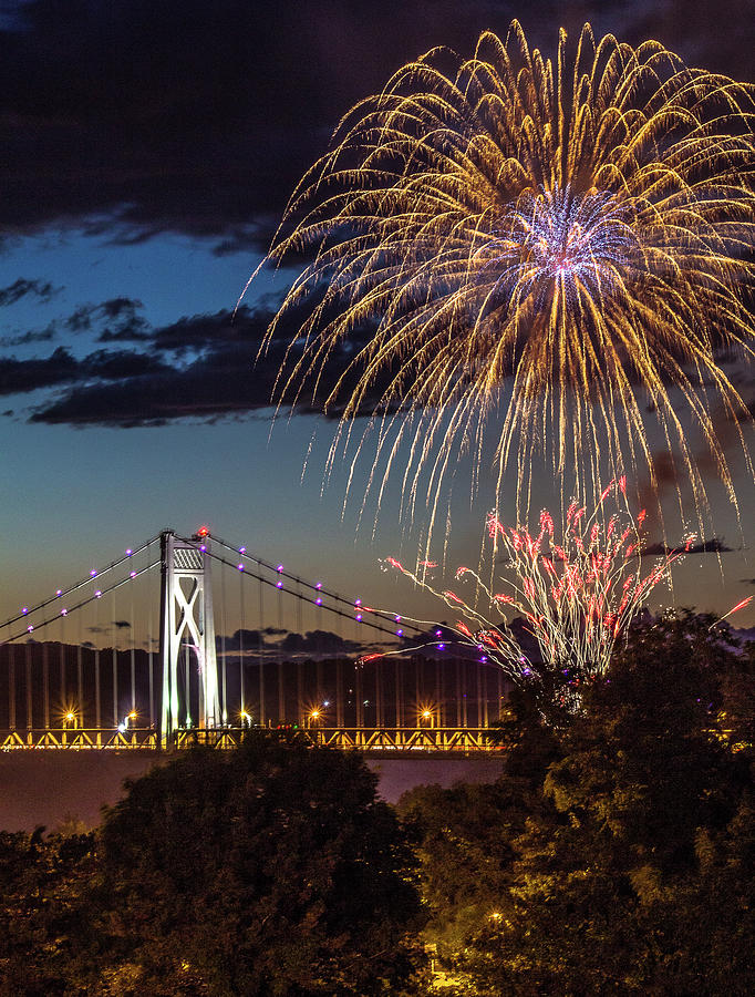 Fireworks Over the Mid - Hudson Bridge Photograph by John Morzen