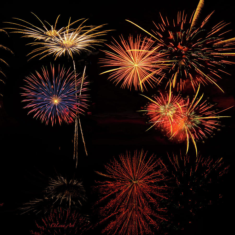 Fireworks Reflection in Water  Digital Art by Lena Owens - OLena Art Vibrant Palette Knife and Graphic Design