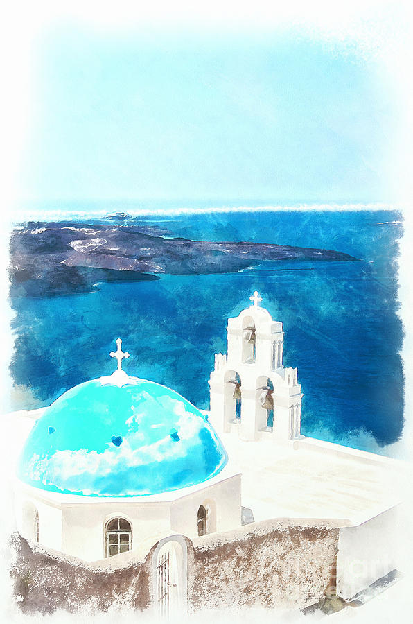 Greek Painting - Firostefani church digital watercolor painting by Antony McAulay