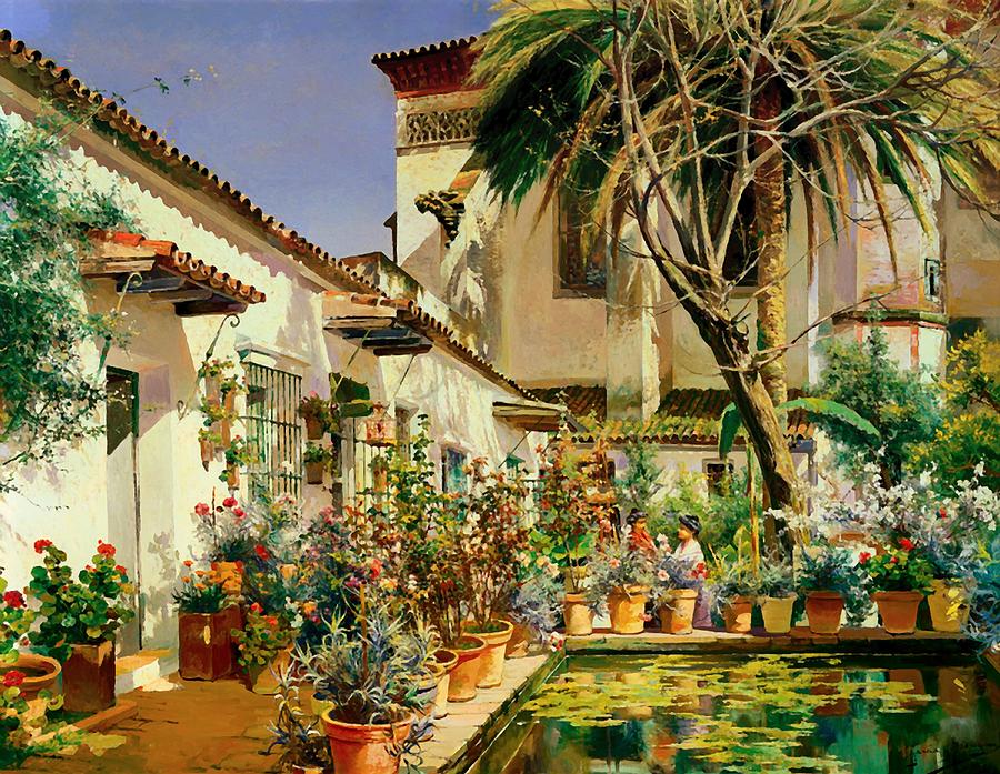 Vintage Painting - First Atrium of Santa Paula Convent Seville by Mountain Dreams