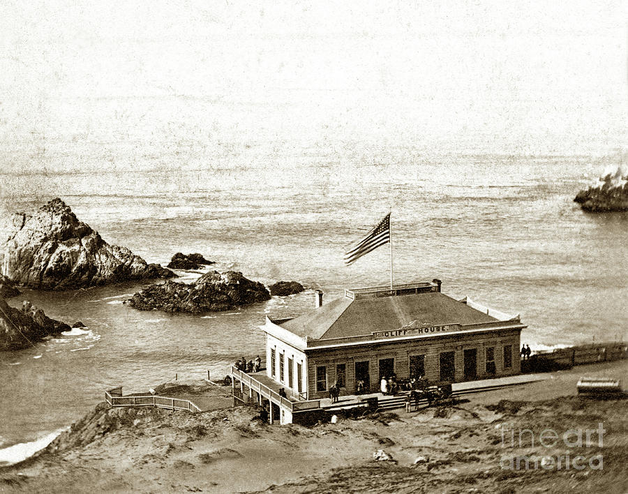 San Francisco Photograph - First Cliff House  View of Ropes from the Cliff House to Seal Rock circa 1865 by Monterey County Historical Society
