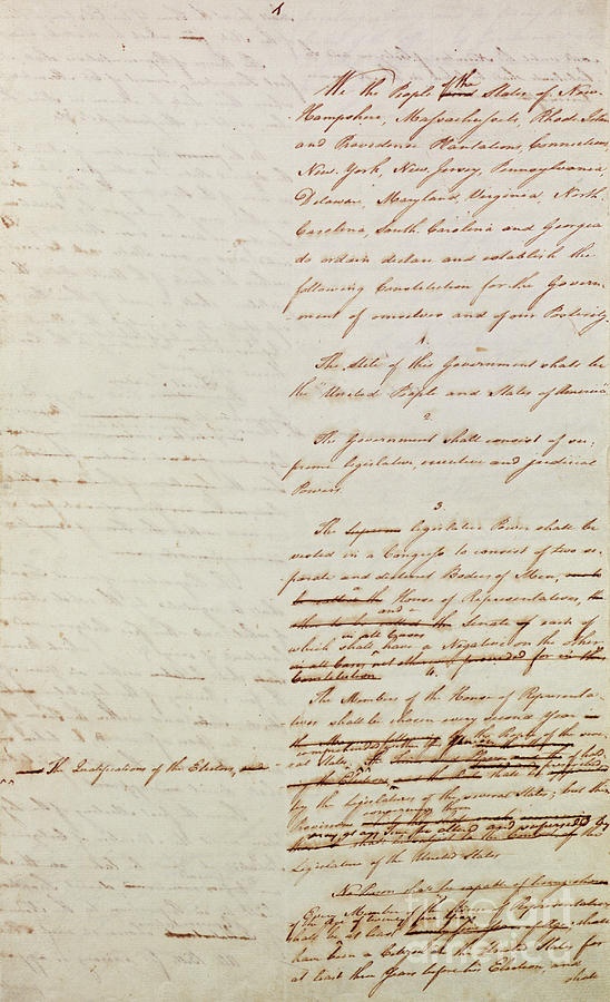 First draft of the Constitution of the United States, 1787 Drawing by American School