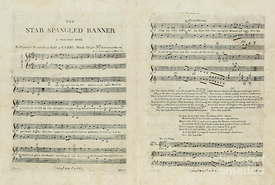 First edition of the sheet music for the American National Anthem Drawing by Francis Scott Key