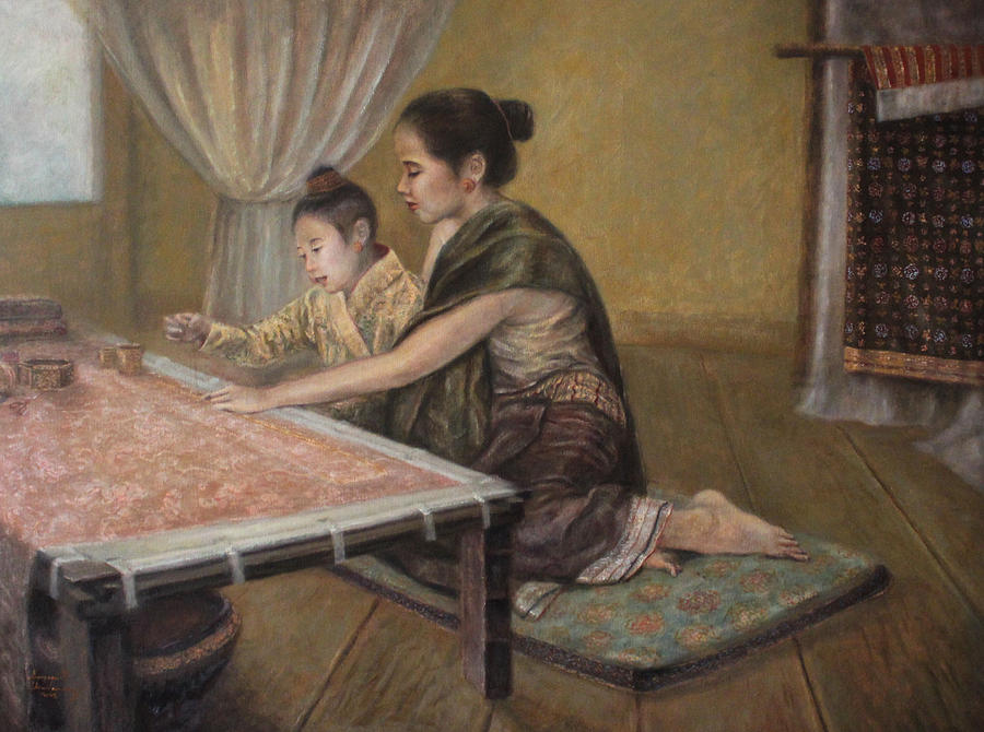 First Embroidery Lesson Painting by Sompaseuth Chounlamany