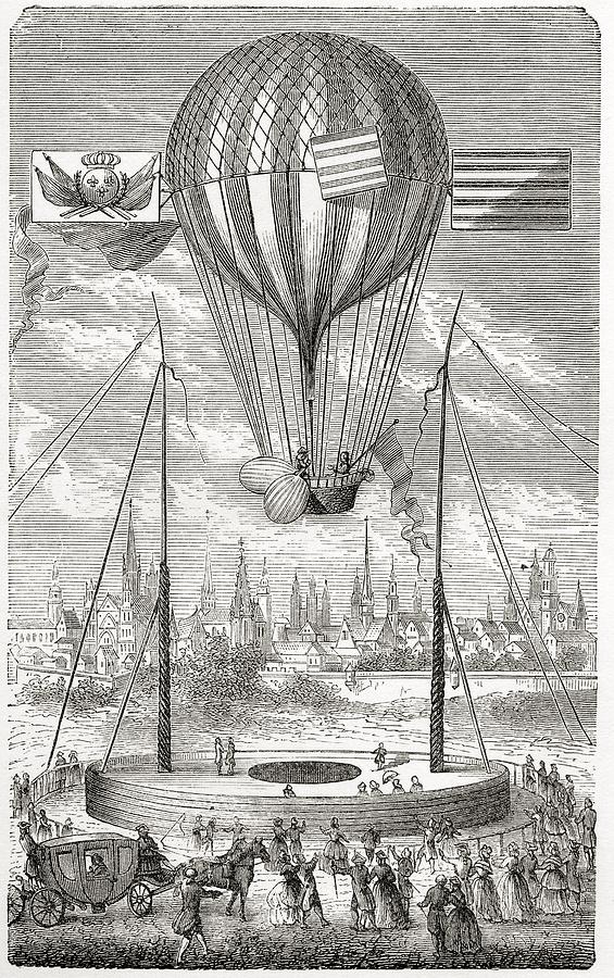 Black And White Drawing - First Flight With A Dirigible Balloon by Vintage Design Pics