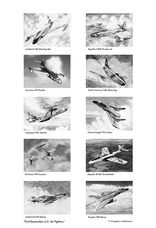 First Generation US Jet Fighters Drawing by Douglas Castleman