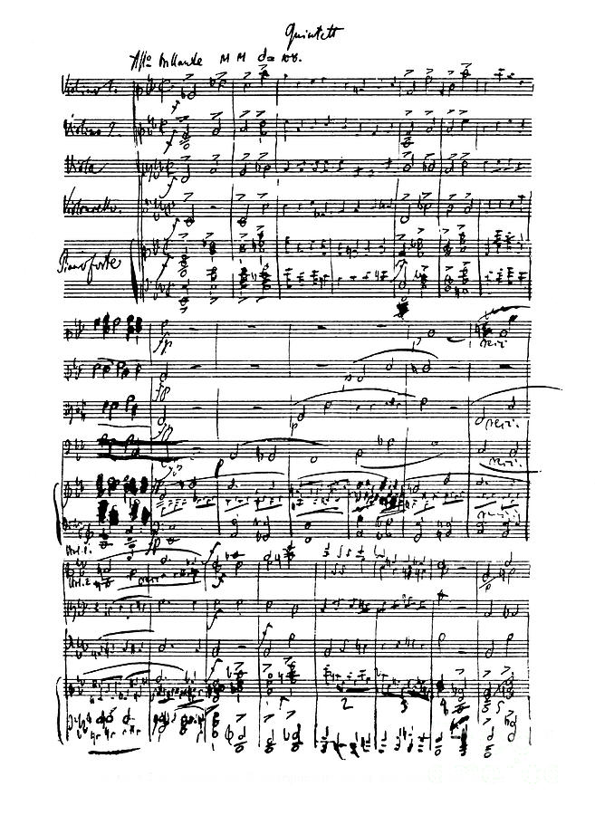 First page of Score of piano quintet opus 44 by Robert Schumann Drawing by Robert Schumann