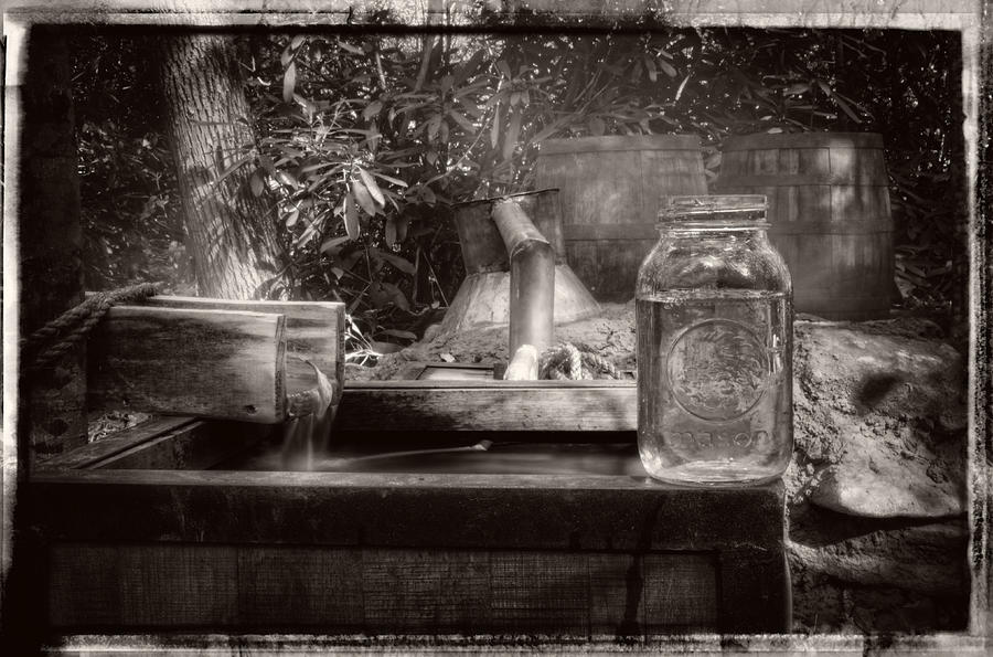 First Run Of Moonshine in Black and White with Border Photograph by Greg and Chrystal Mimbs