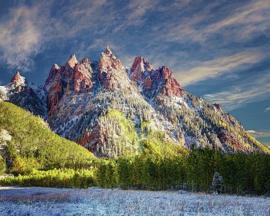 First Snow Maroon Bells Digital Art by Lena Owens - OLena Art Vibrant Palette Knife and Graphic Design