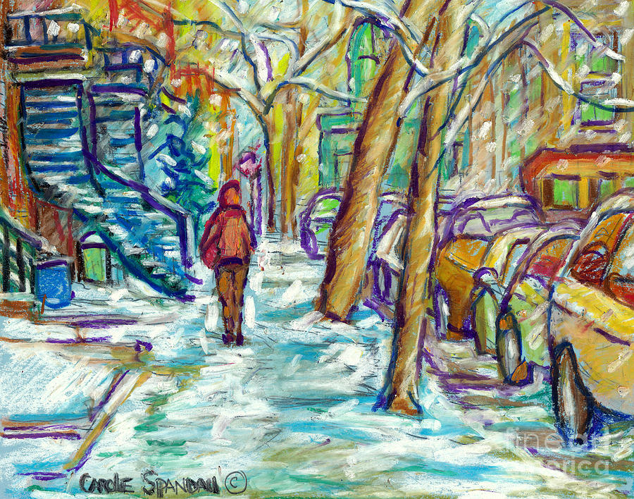 City Scene Painting - First Snowfall Verdun Winter Walk Montreal Street Scene Canadian Artist Carole Spandau by Carole Spandau