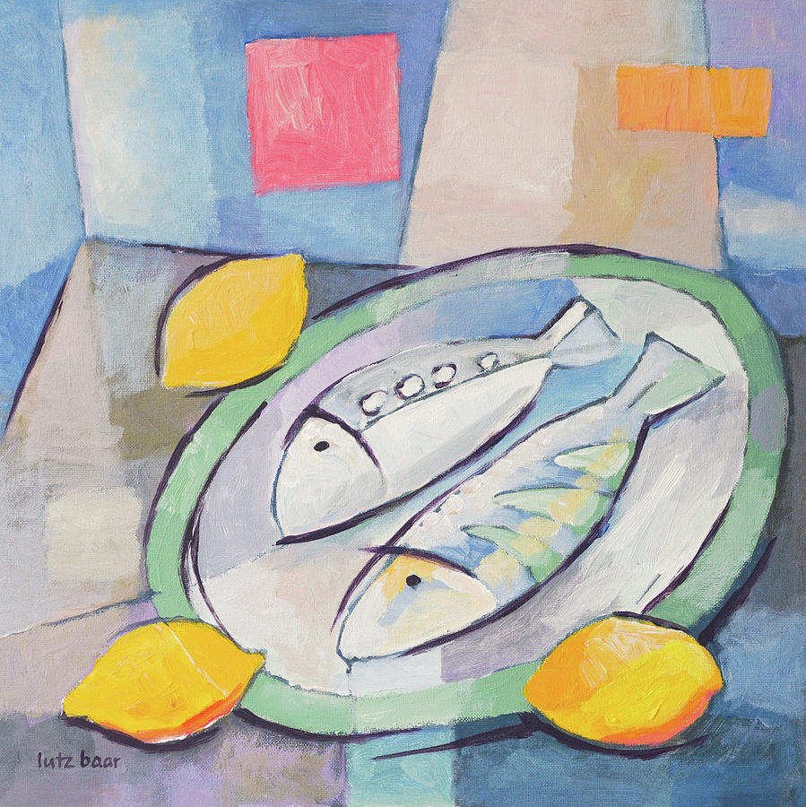 Fish and Lemon painting Painting by Lutz Baar