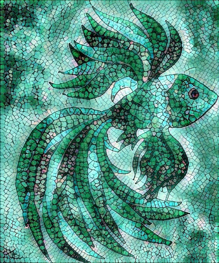 Fish in Aqua mosaic 3 Digital Art by Megan Walsh