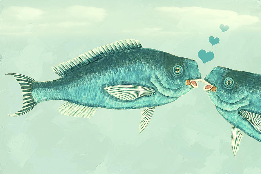 Fish Love Whimsical Wall Art Mixed Media by Georgiana Romanovna