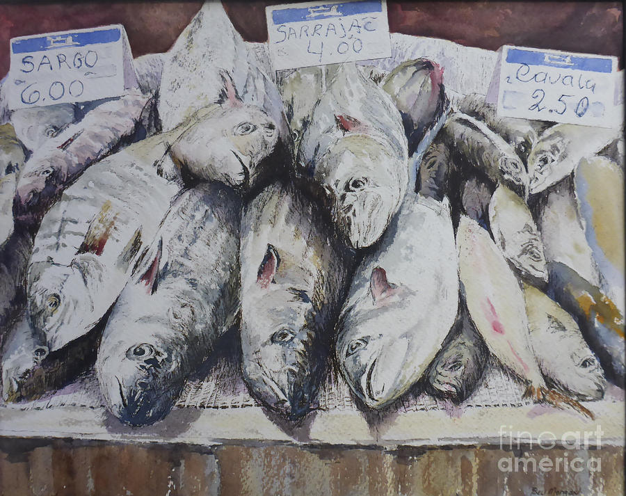 Fish market in Portugal Painting by Bev Morgan