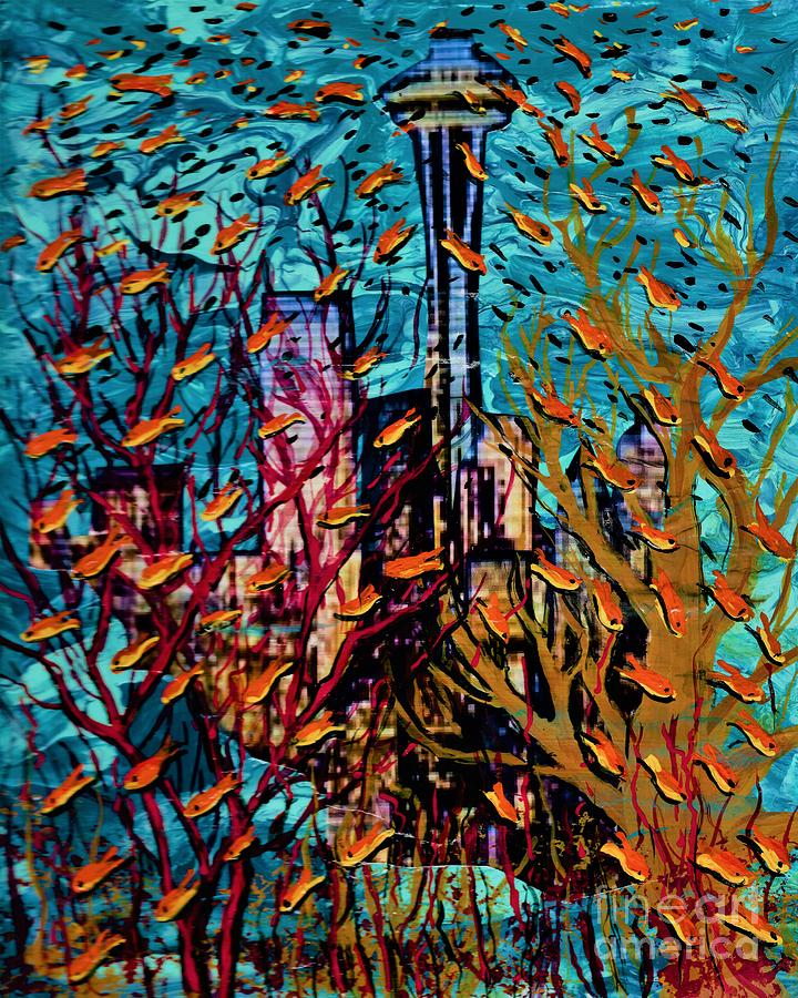 Fish Over Seattle  Painting by Allison Constantino