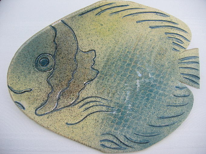Fish Ceramic Art - Fish Platter Blue And Yellow by Julia Van Dine