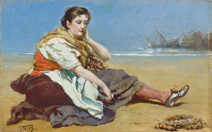Fisher Girl sitting on the Beach Painting by Frank Buchser