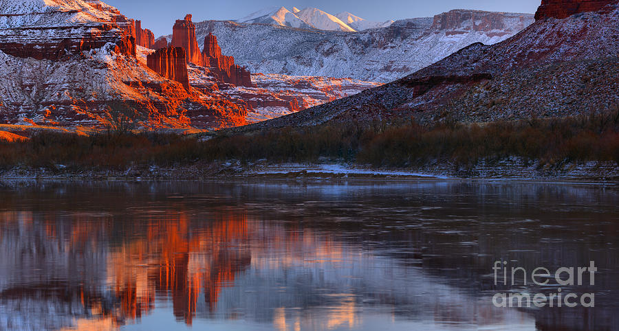 FIsher Towers Sunset Reflection Panorama Photograph by Adam Jewell