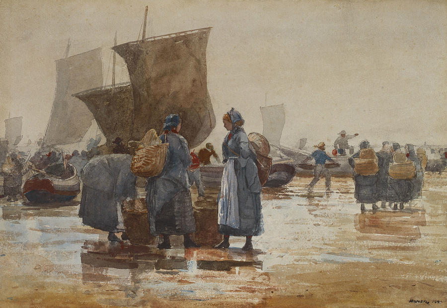 Fisherfolk on the Beach at Cullercoats Painting by Winslow Homer