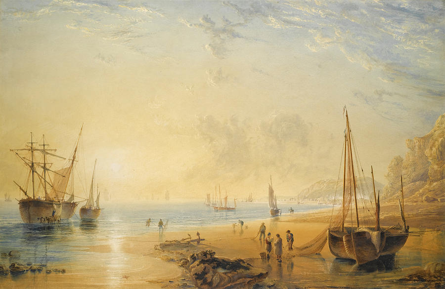 Fisherfolk on the Shore near Dover at Sunset Drawing by Anthony Vandyke Copley Fielding