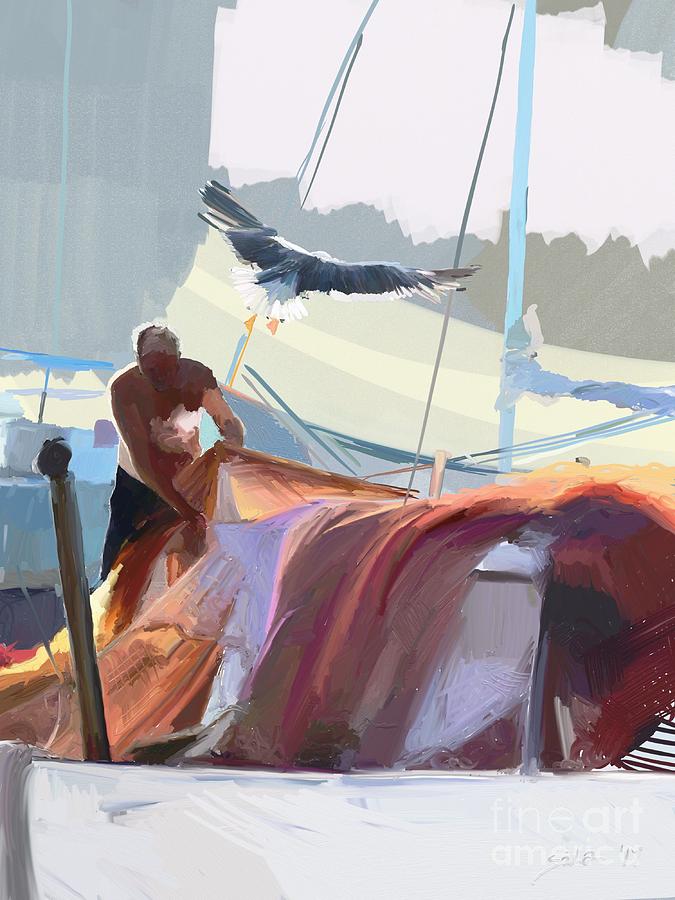 Fisherman and his net Painting by Lidija Ivanek - SiLa