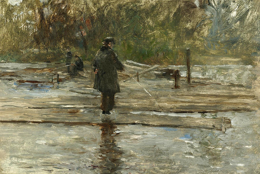 Fisherman and Rivers Edge. Holland Painting by Robert Frederick Blum