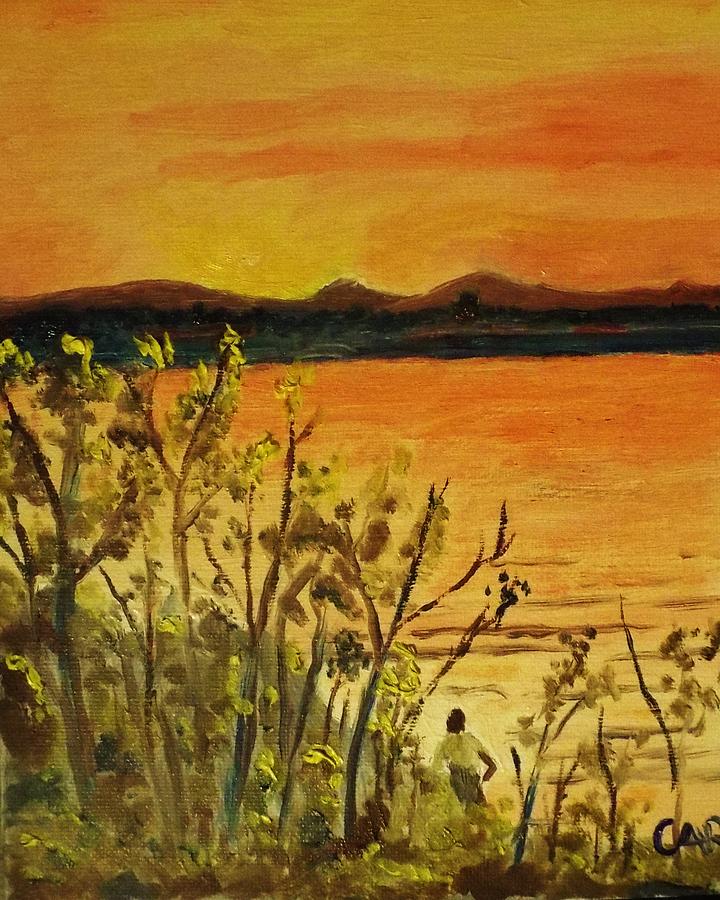 Fisherman at sunset on the Zambezi Painting by Charles Ray