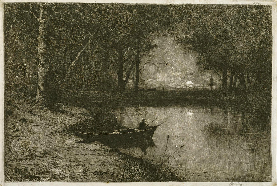  Fisherman in a Rowboat  at the Edge of a River Drawing by Adolphe Appian