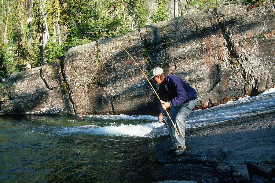 Fisherman Landing A Trout High Mountain Stream Photograph