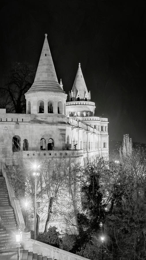 Architecture Photograph - Fishermans Bastion at Night Budapest BW by Joan Carroll
