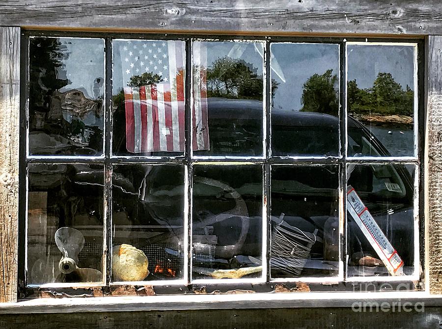 Flag Photograph -  Fishermans window. Lobster shack window by Jane Maurer