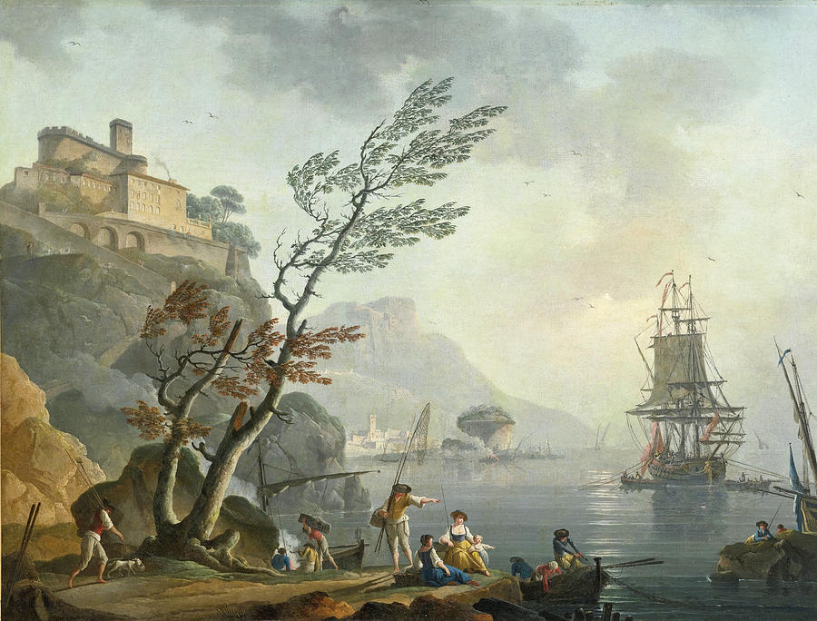 Fishermen along a rocky shore with a castle above on a Promontory and Shipping in a calm sea beyond Painting by Charles-Francois Lacroix de Marseille